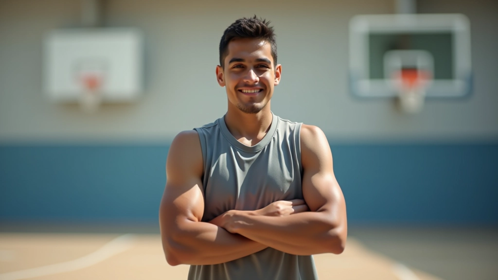 لاعب شاب يقف على ملعب كرة السلة بثقة أثناء جلسة تدريب